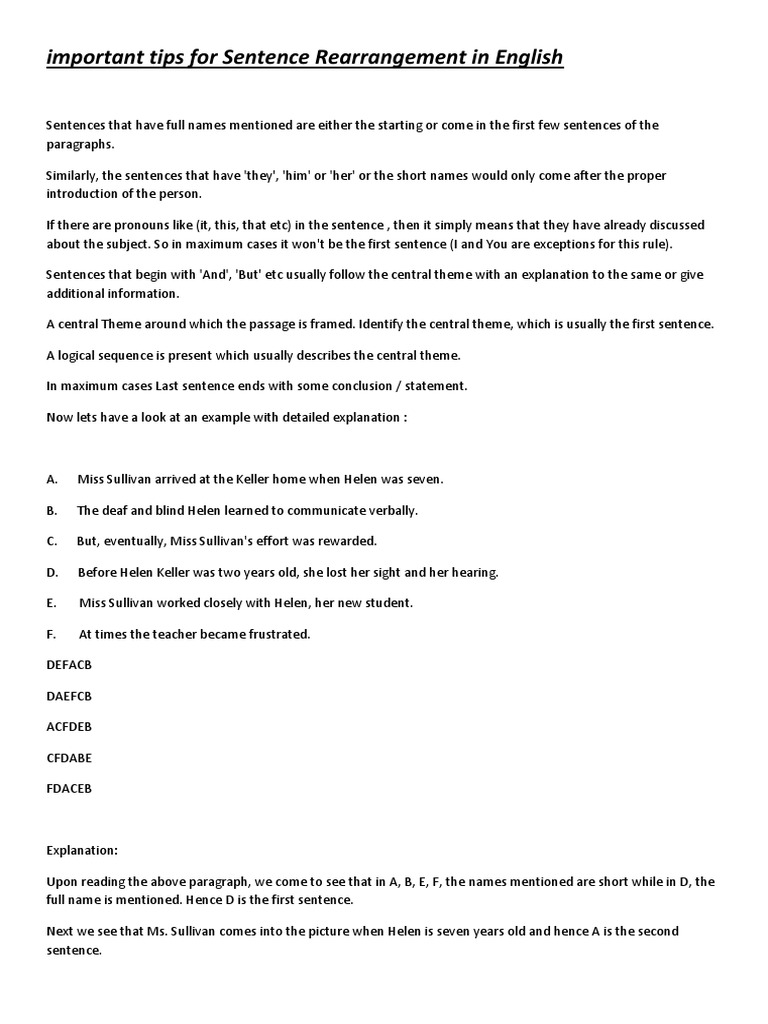 Important Tips For Sentence Rearrangement in English | PDF | Business