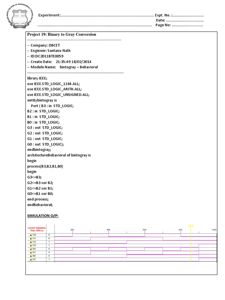 Experiment: Project 19: Binary To Gray Conversion | PDF