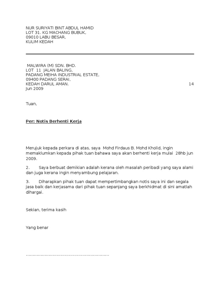 Contoh Surat Pemberhentian Kerja Di Malaysia