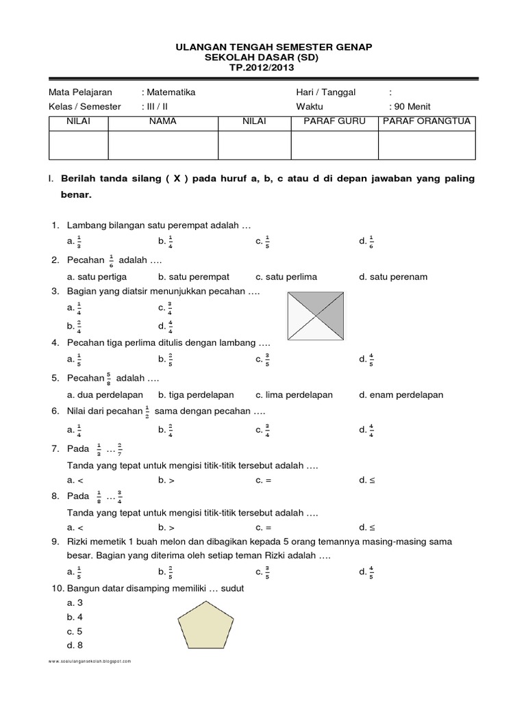 Soal Uts Matematika Kelas 3 Sd Semester Genap Pdf