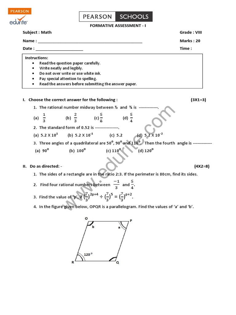 8th Class FA1 Maths Question Paper | PDF | Rectangle | Elementary Geometry