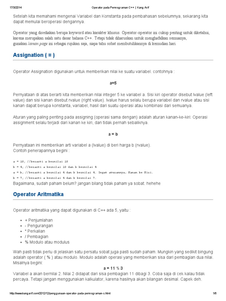Operator Pada Pemrograman C++ | PDF | Komputer