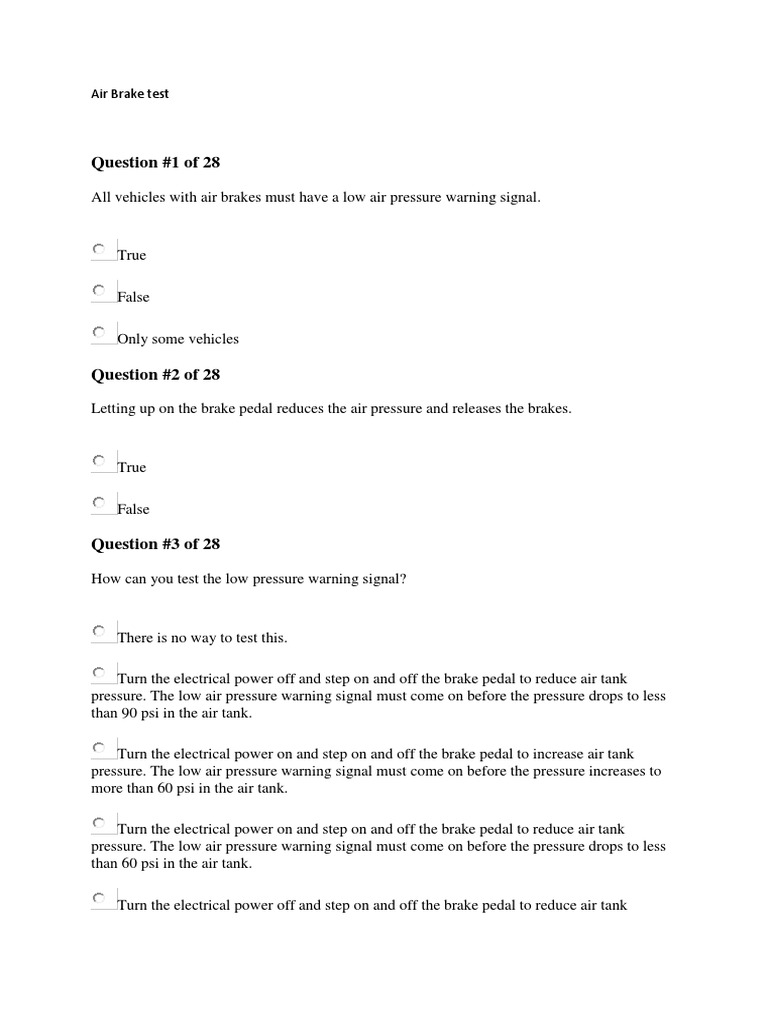 Air Brake Test Questions PDF Brake Vehicle Parts