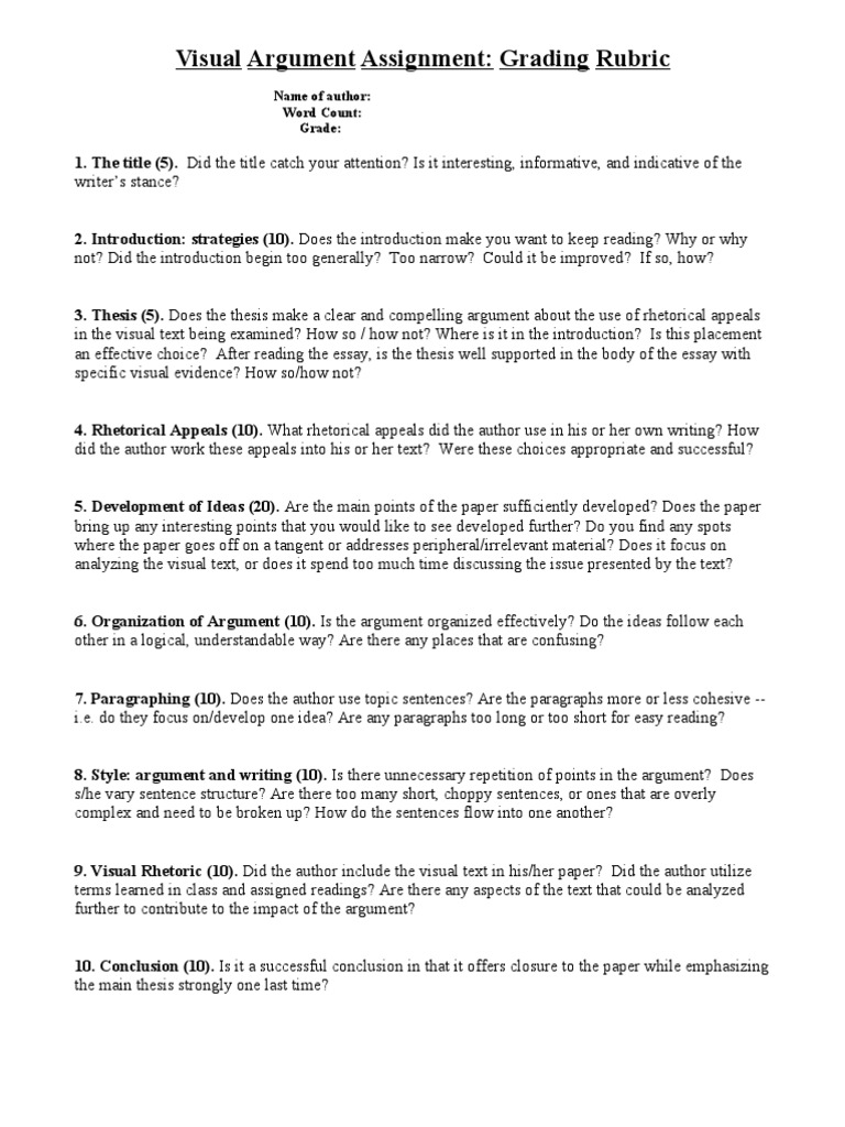 Visual Argument Assignment: Grading Rubric Form  PDF  Essays