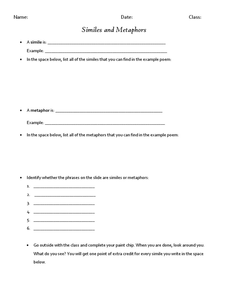 Similes and Metaphors Worksheet | PDF | Language Arts & Discipline ...