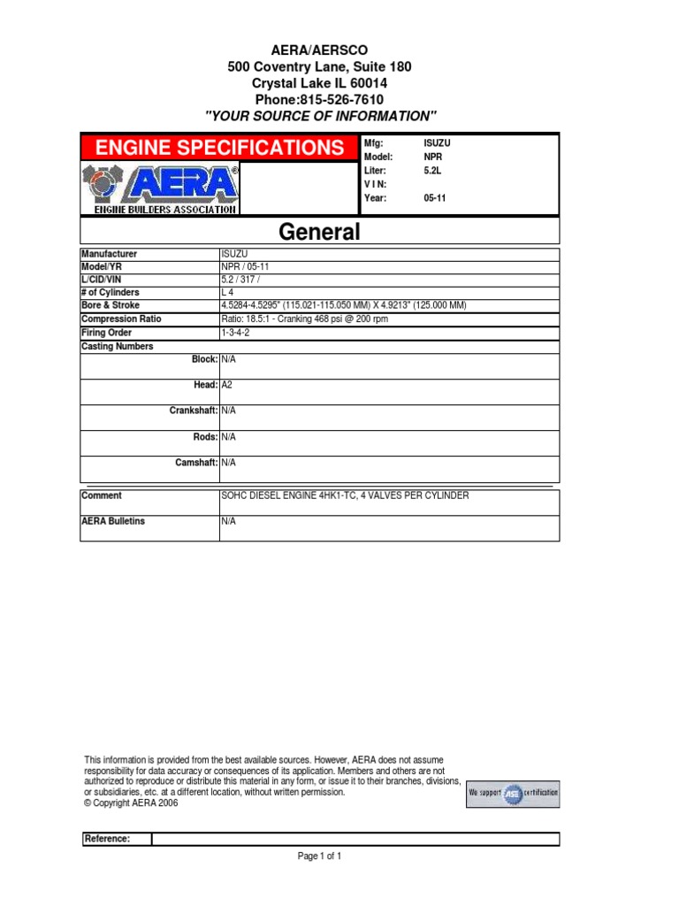 General Engine Specifications | PDF