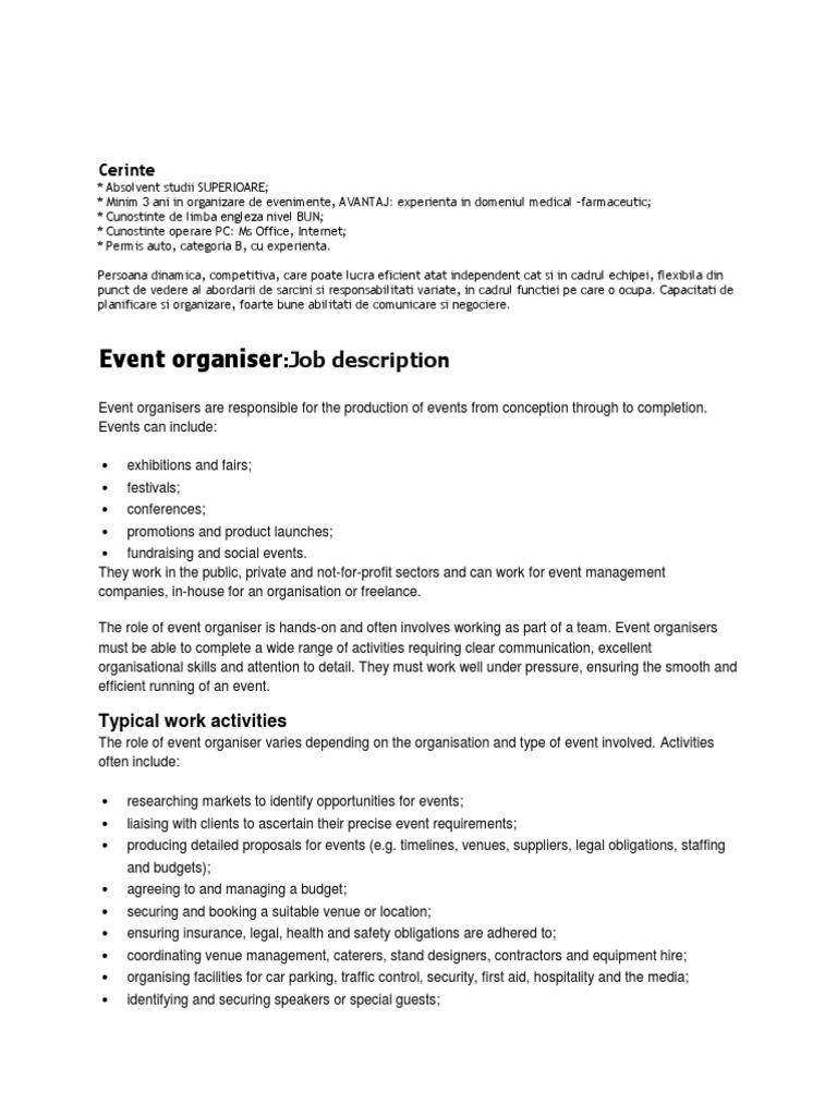 Event Organiser Job Description PDF Employment Leadership