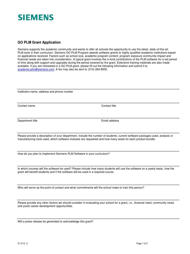 Siemens PLM GO PLM Grant Application Form X1 A Tcm1023 179832 3 | PDF ...