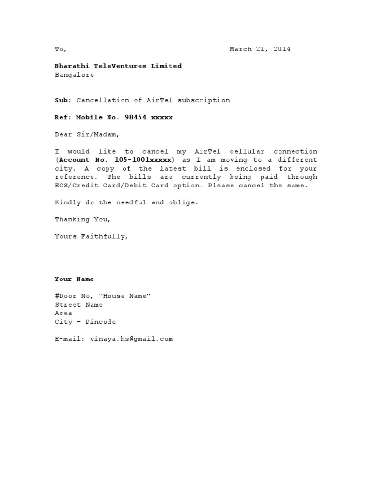 AirTel Cancellation Letter PDF