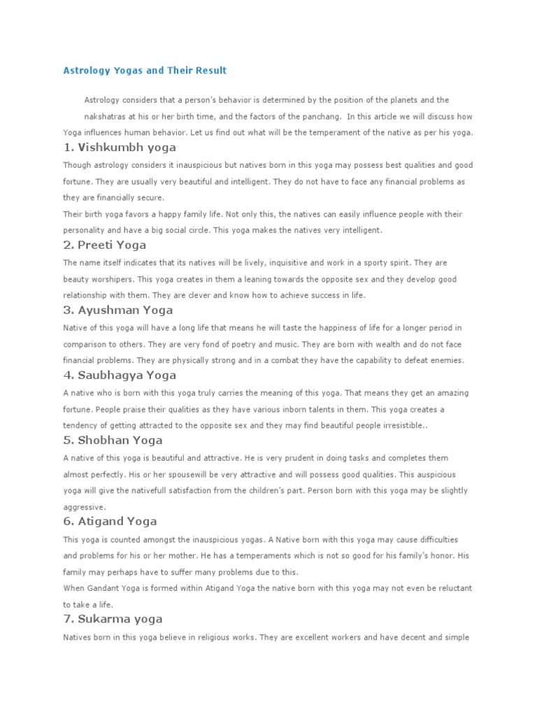 Astrology Yogas and Their Result PDF Yoga Contentment