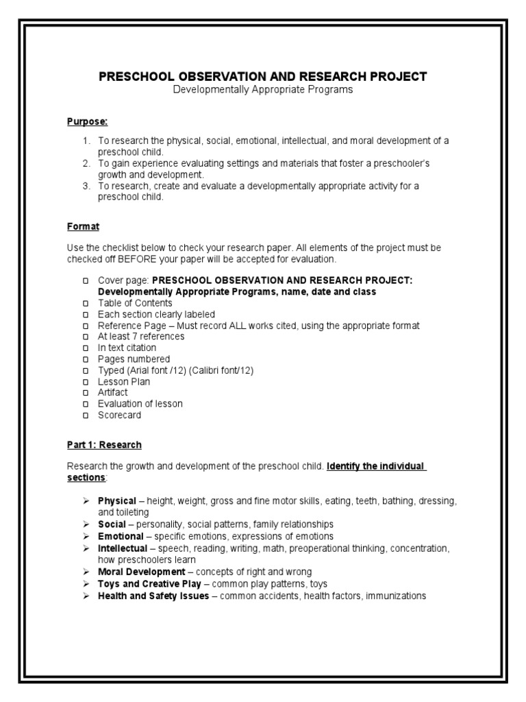 Preschool Observation and Research Project  Preschool  Lesson Plan