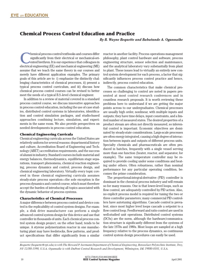 Chemical Process Control Education and Practice | Control Theory ...