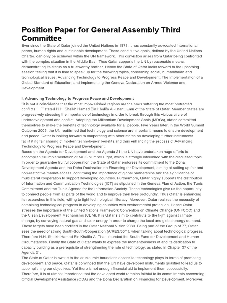 Position Paper For General Assembly Third Committee PDF Qatar Millennium Development Goals