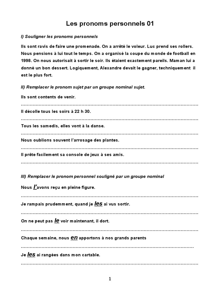 Remplacer Le Cod Par Un Pronom Personnel Exercices Pdf Les Pronoms Personnels 01 | PDF