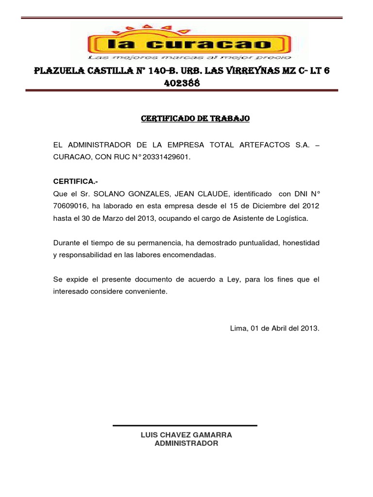 Certificado de Trabajo | PDF | Negocios