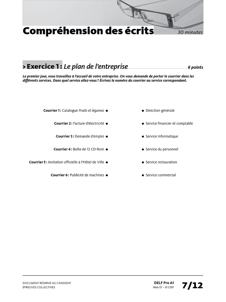 Delf Pro A1 Comprehension Des Ecrits Exercice 1  PDF