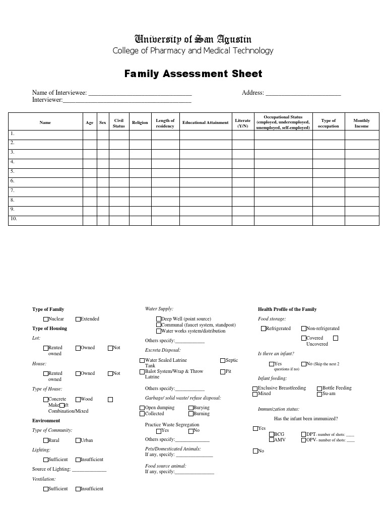 Family Assessment Sheet Template | PDF