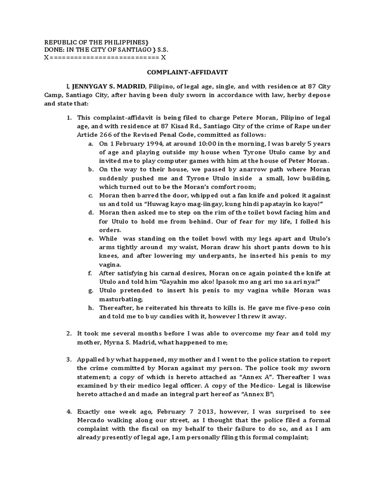 Complaint-Affidavit For Rape | PDF | Rape | Sexuality