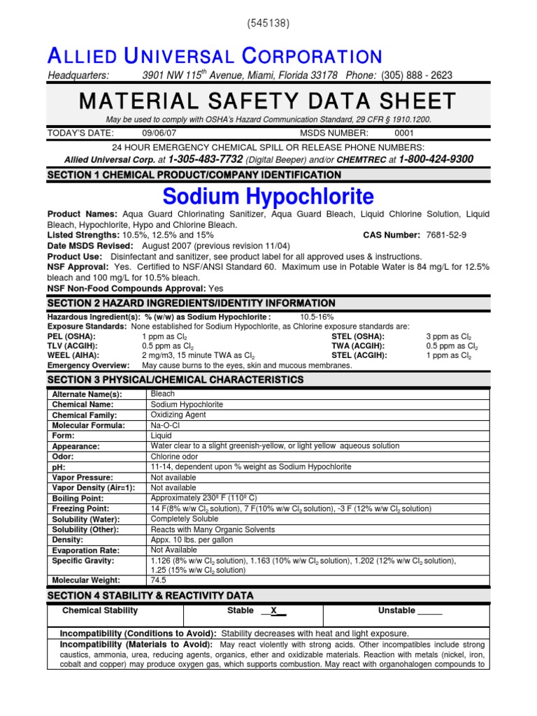 Msds Naclo PDF Chlorine Personal Protective Equipment