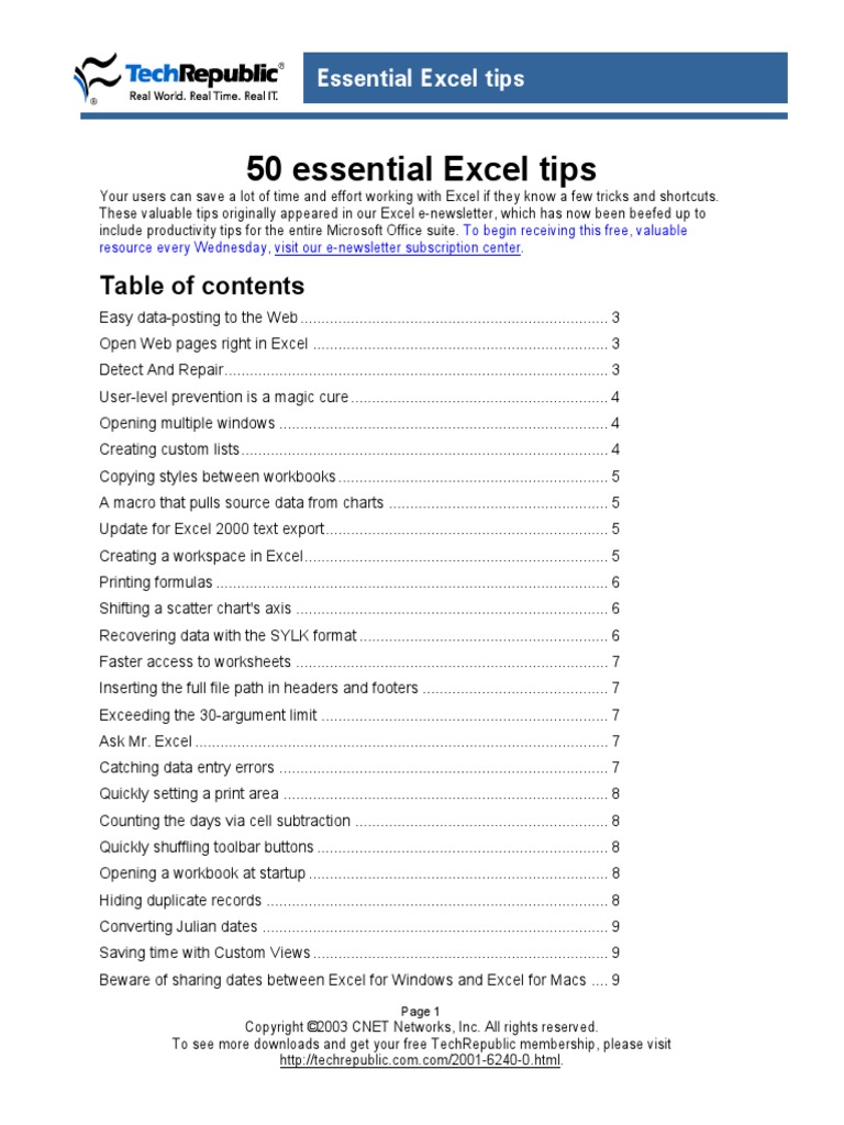 50 Essential Excel - Tips | PDF