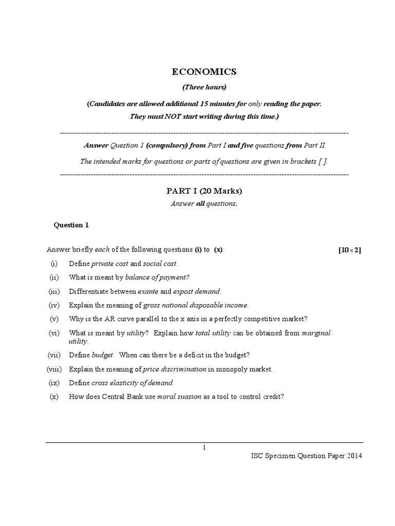 ISC 2014 Economics Specimen Question Paper Demand Economic Equilibrium
