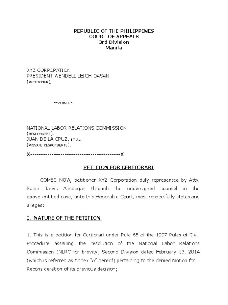 Petition for Certiorari Under Rule 65 sample Living Wage Arbitration