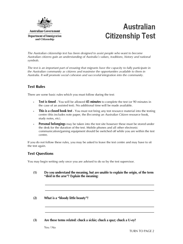 Australian Citizenship Test PDF Citizenship Foods