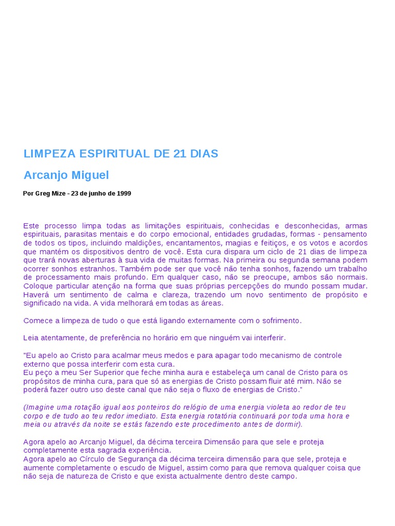 LIMPEZA ESPIRITUAL DE 21 DIAS Arcanjo Miguel Por Greg Mize PDF