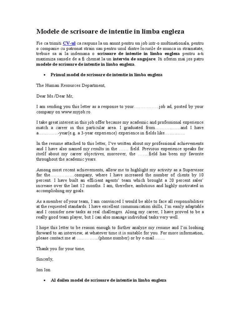 Modele De Scrisoare De Intentie In Limba Engleza Educational Stages Students