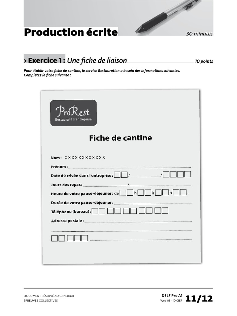 Delf Pro a1 Production Ecrite Exercice 1
