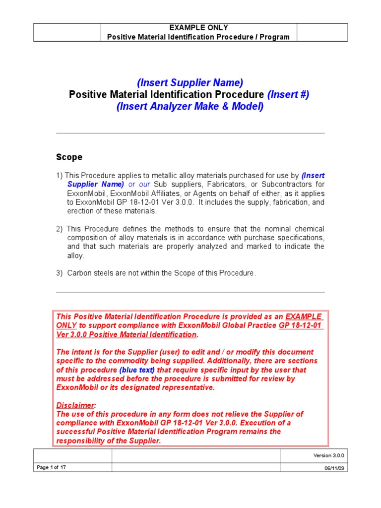 Example of Positive Material Identification ProcedurePlan Analytical