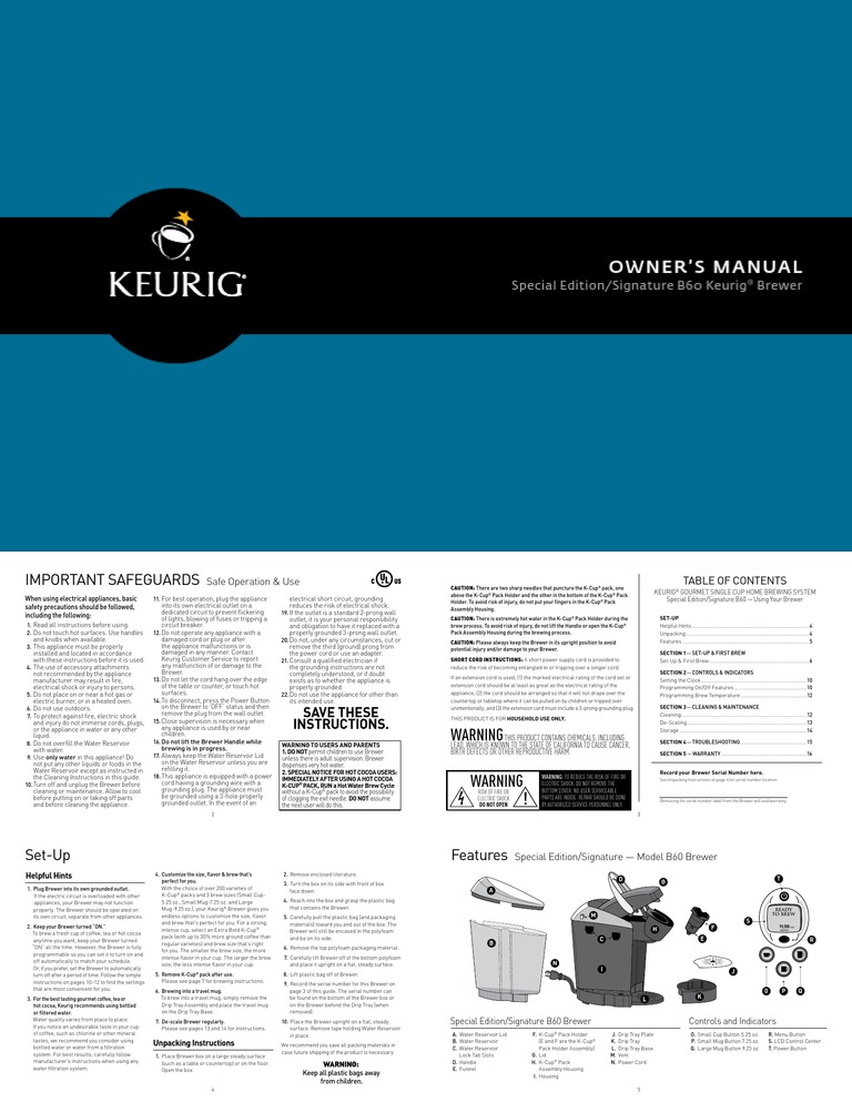Owner's Manual Special Edition/Signature B60 Keurig Brewer PDF