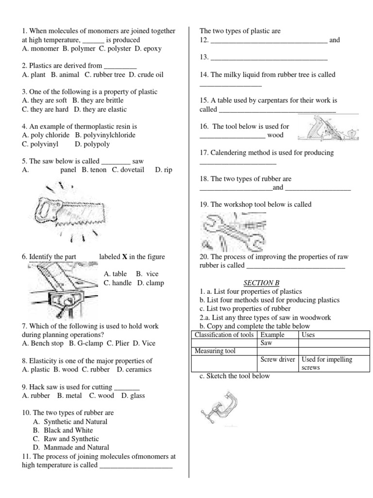 Section B Classification of Tools Example Uses Saw Measuring Tool