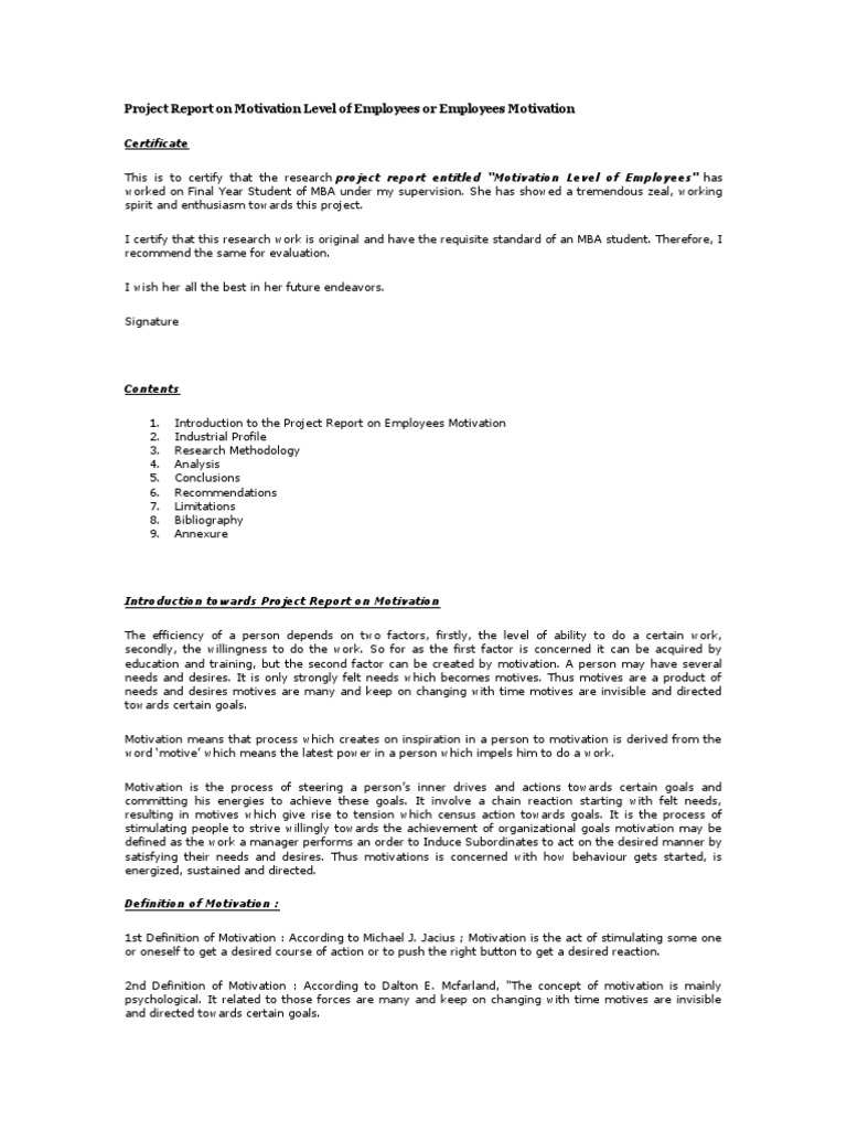 Project Report On Motivation Level of Employees or Employees Motivation
