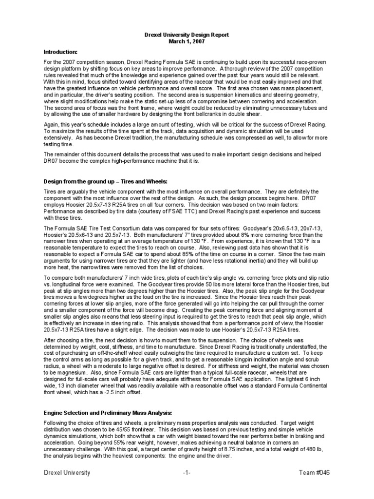 Drexel University Design Report PDF Suspension (Vehicle) Tire