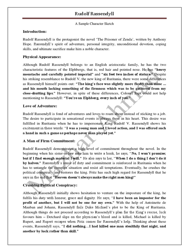 Rudolf Rassendyll: A Sample Character Sketch | PDF