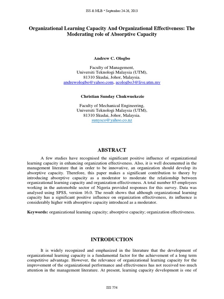 Organizational Learning Capacity and Organizational Effectiveness: The ...