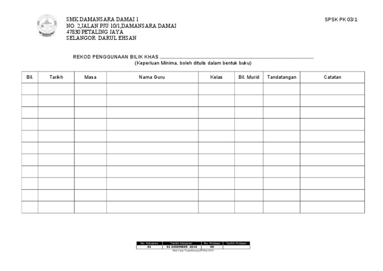 Rekod Penggunaan Bilik Khas | PDF