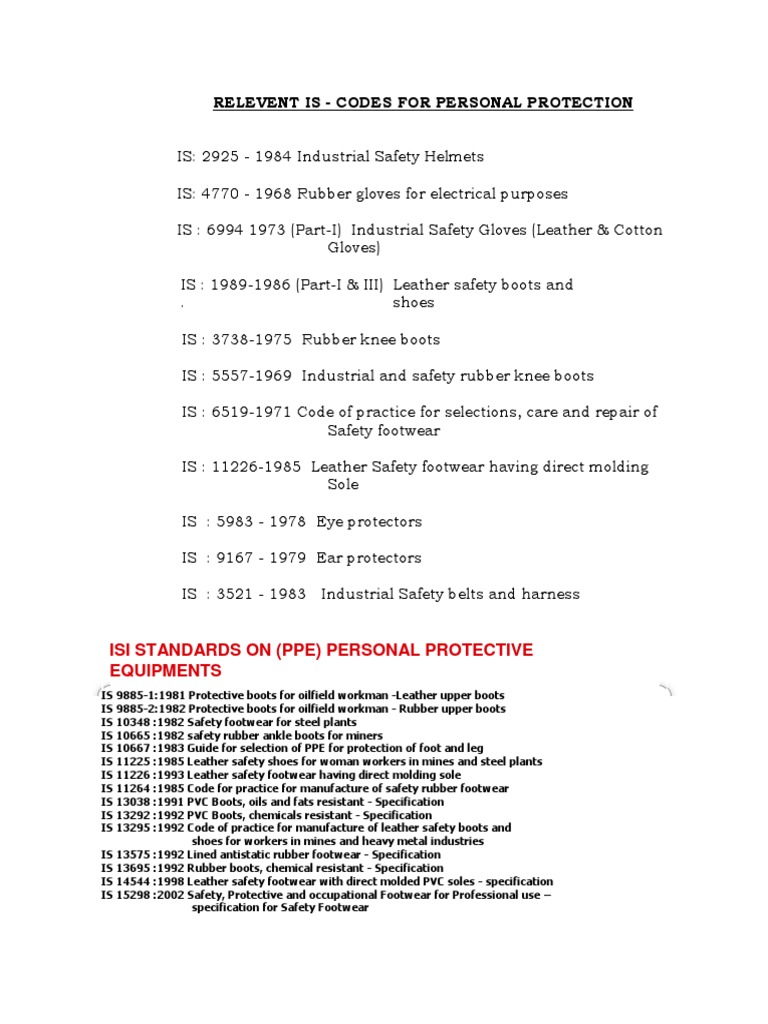 Relevent Is Codes For Personal Protection Isi Standards On (Ppe