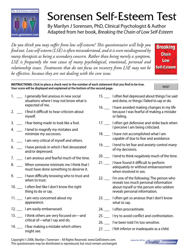 Sorensen Self-Esteem Test | Self Esteem | Anxiety
