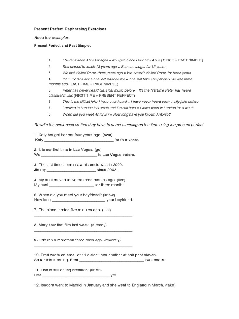 Present Perfect Rephrasing Exercises | PDF | Linguistics | Language  Mechanics