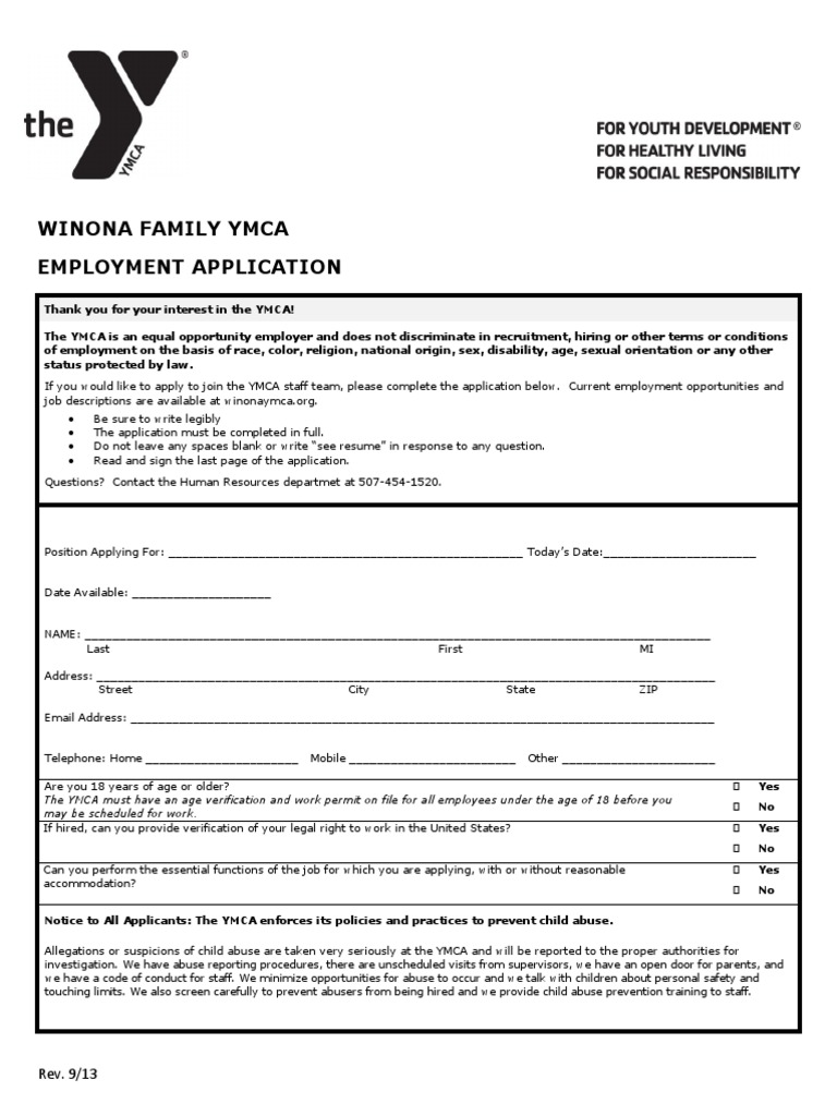 Winona Family Ymca Employment Application Personal Information PDF