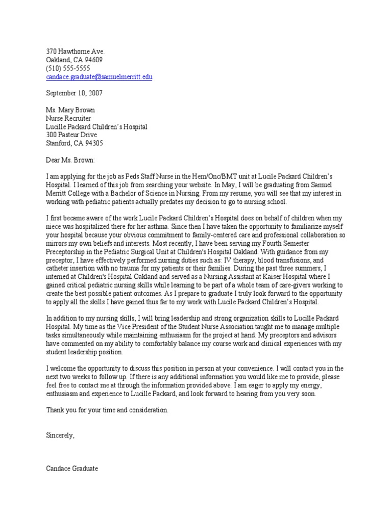 Sample Nursing Cover Letter Nursing Hospital