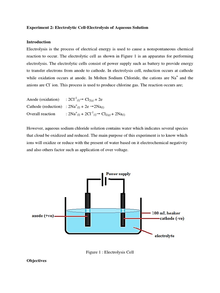 Experiment 2 Electrolytic Cell Electrolysis Of Aqueous Solution Electrochemistry Redox
