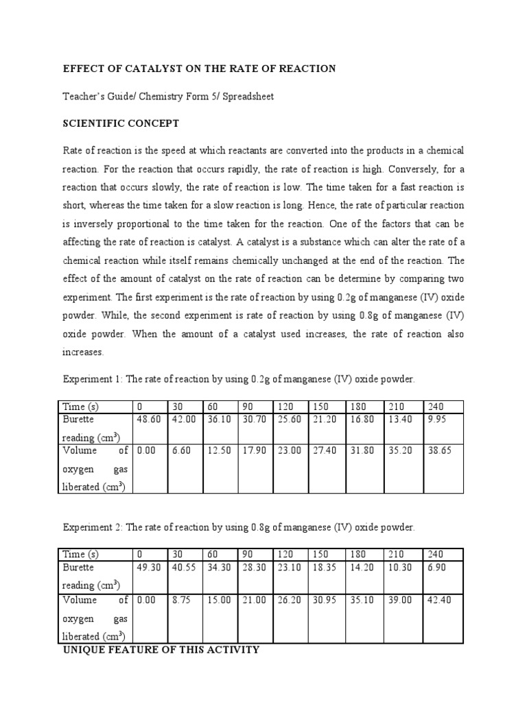 Effect of Catalyst On The Rate of Reaction Teacher's Guide PDF