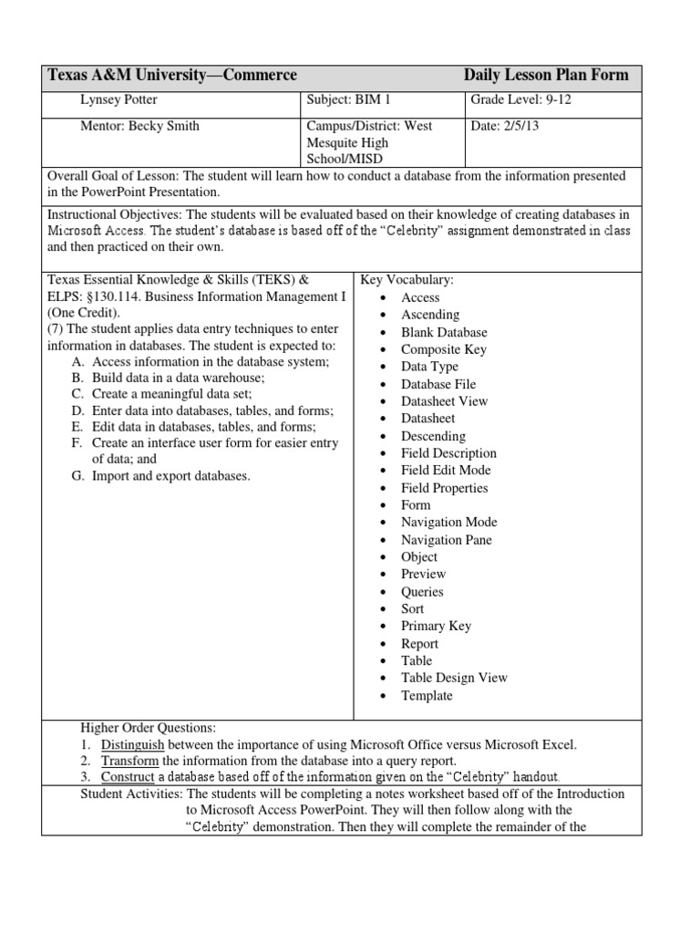 MS Access Celebrity Database Lesson Plan | PDF | Microsoft Access ...