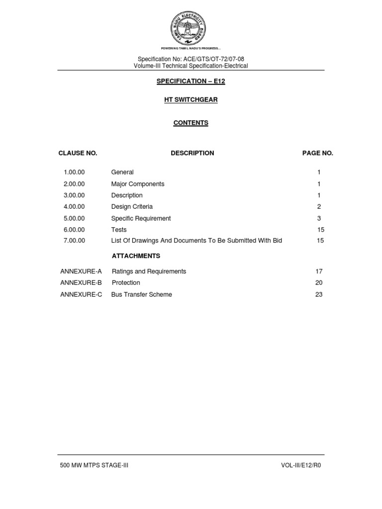 Specifications of HV Switchgear | PDF | Switch | Relay