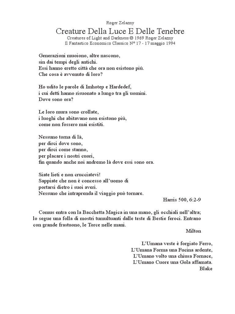 Roger Zelazny - Creature Della Luce E Delle Tenebre | PDF