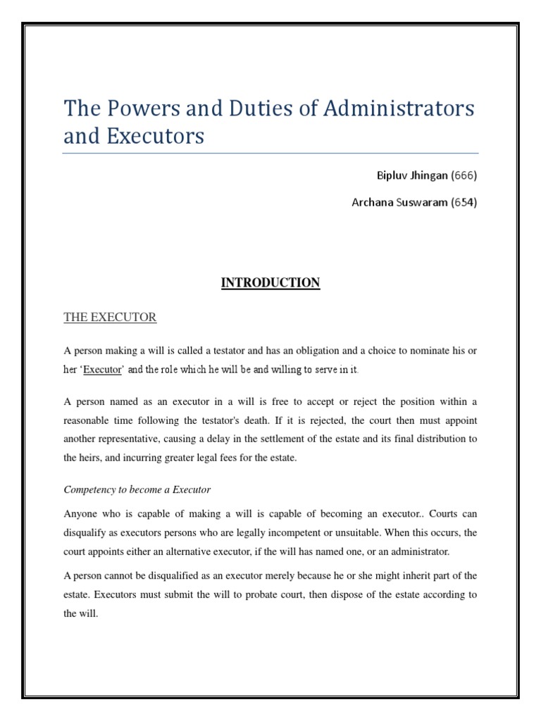 powers of executors Will And Testament Executor