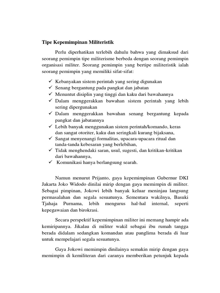 Tipe Kepemimpinan Militeristik Perlu Diperhatikan Terlebih Dahulu Bahwa Yang Dimaksud Dari Seorang Pemimpin Tipe Militerisme
